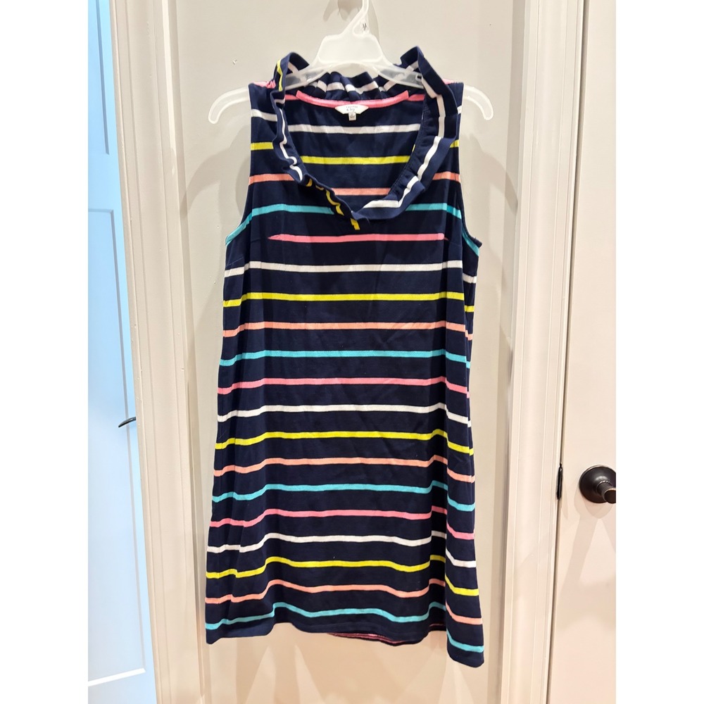 Crown & Ivy Navy Striped Ruffle Neck Sleeveless Shift Dress Womens Medium